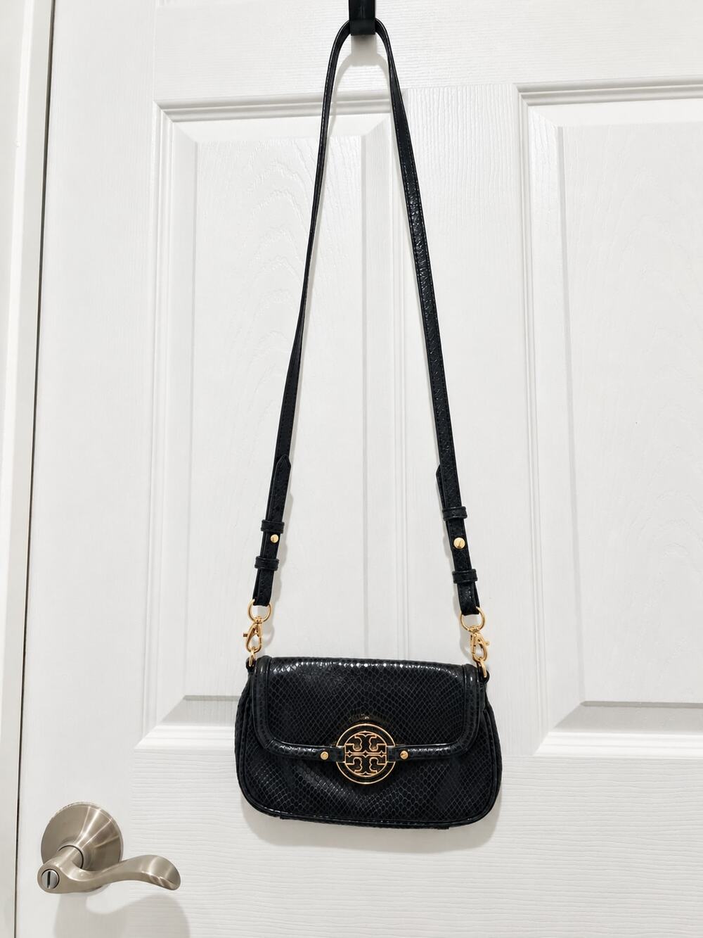 Tory Burch Amanda Foldover Crossbody Black Snake Embossed Leather Bag